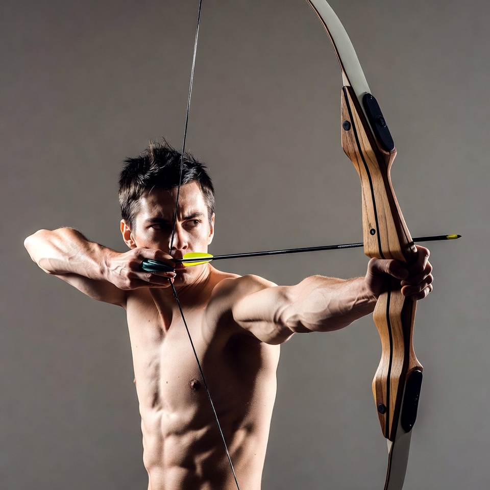 Muscular man aiming bow and arrow Muscular man aiming bow and arrow