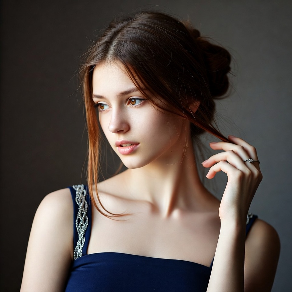 Woman touching hair profile view Woman touching hair profile view