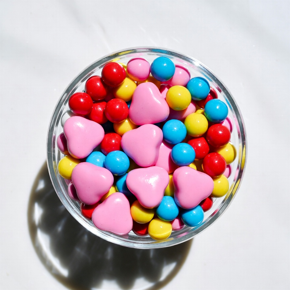 Colorful Candy Hearts in Glass Bowl Colorful Candy Hearts in Glass Bowl