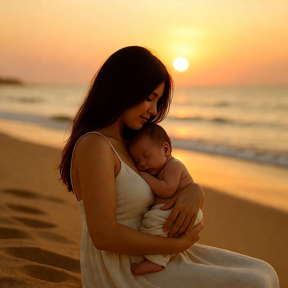 Asian mother holding newborn baby sunset beach Asian mother holding newborn baby sunset beach