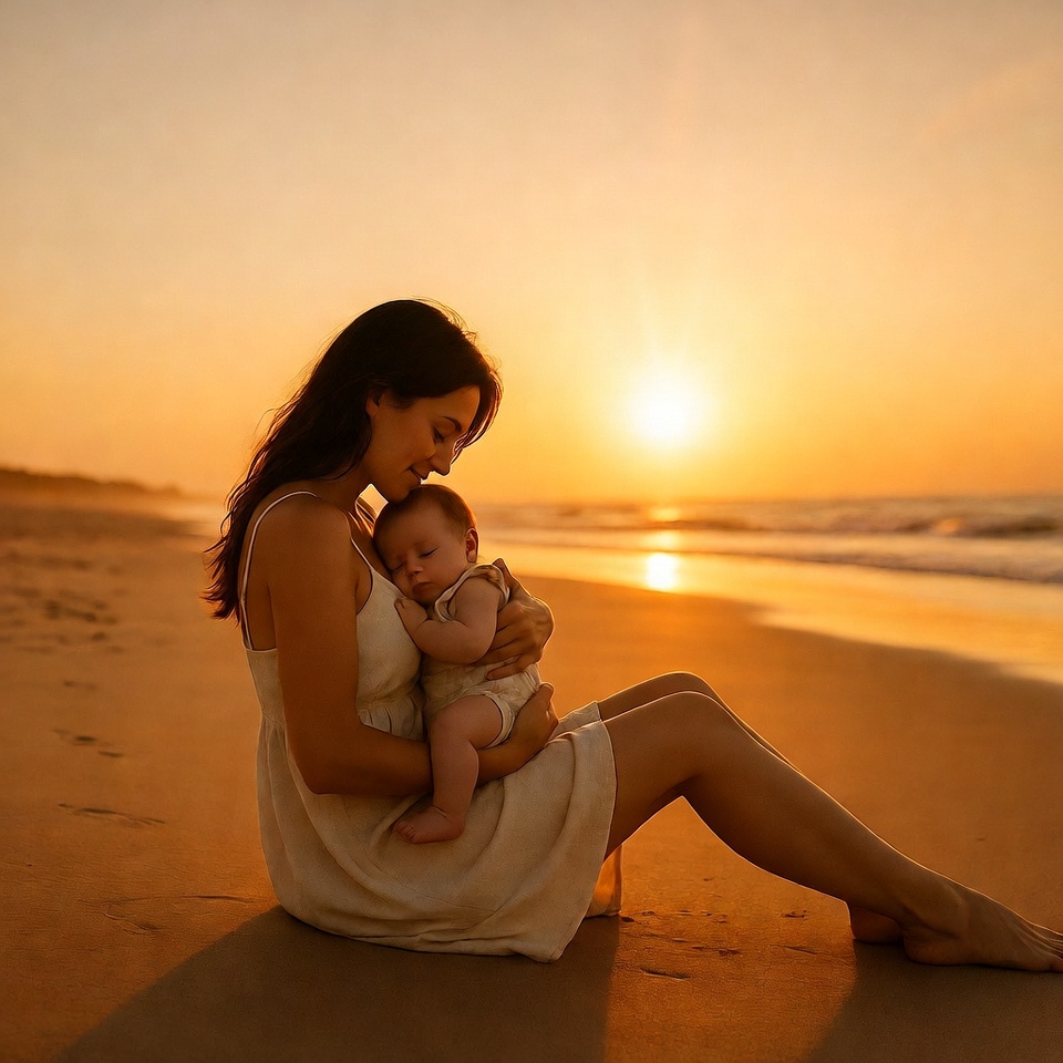 Mother holding baby on beach at sunset Mother holding baby on beach at sunset