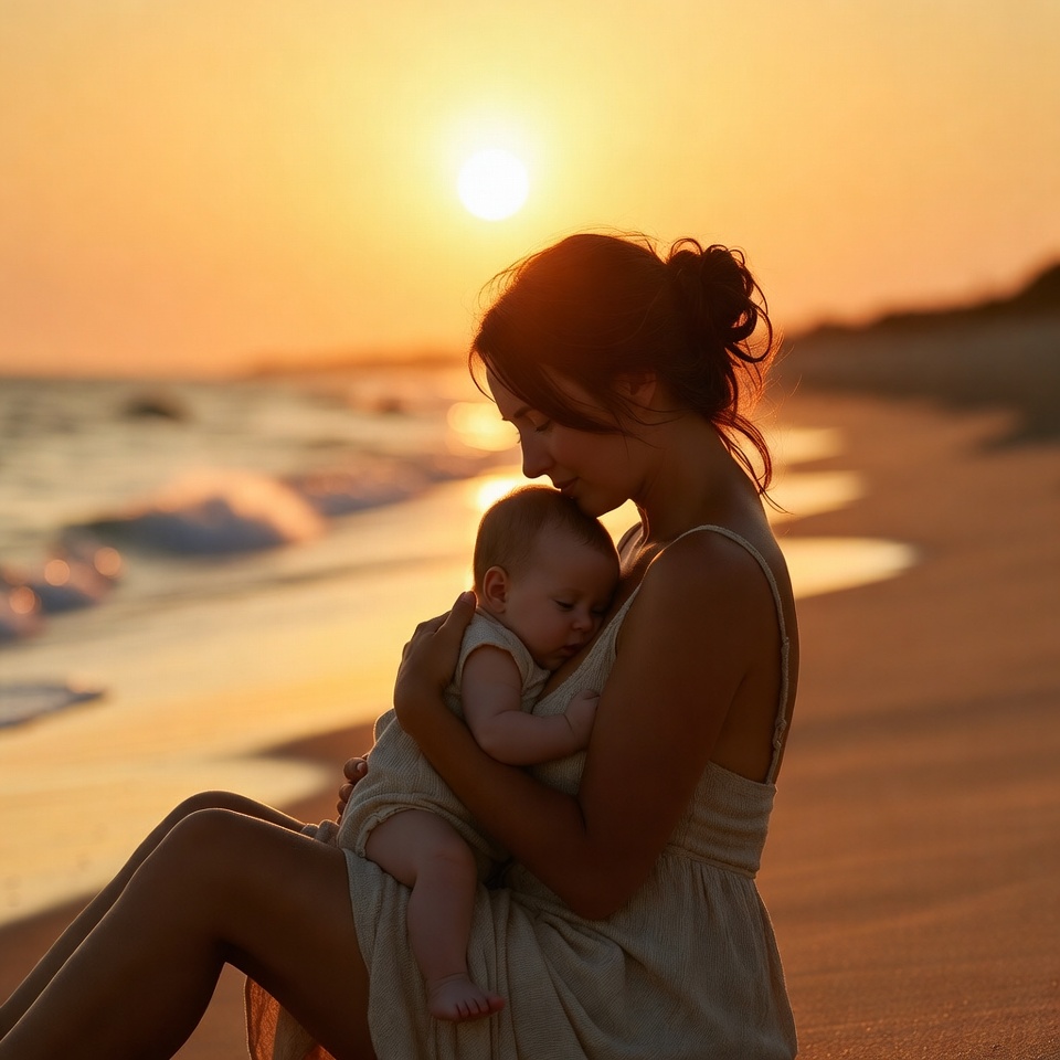 Mother holding baby on sunset beach Mother holding baby on sunset beach