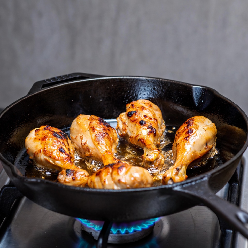 Chicken Drumsticks Frying in Cast Iron Skillet Chicken Drumsticks Frying in Cast Iron Skillet