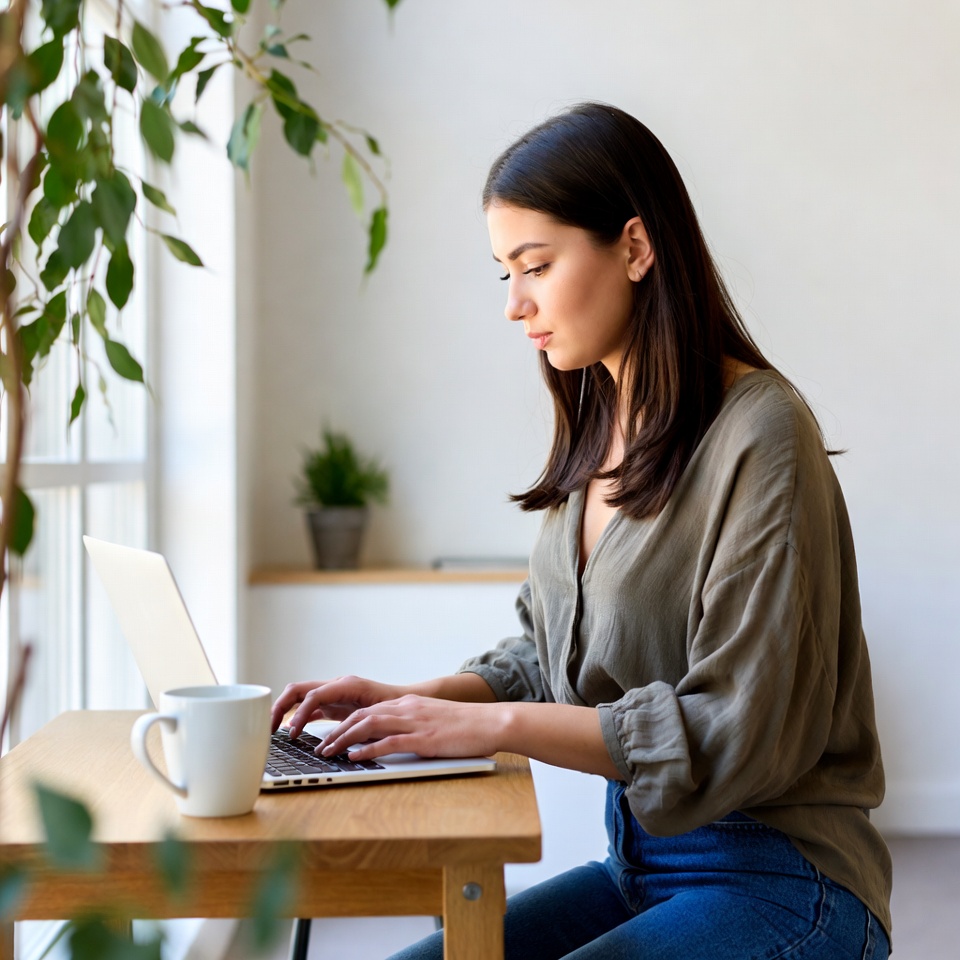 Woman working on laptop at table Woman working on laptop at table