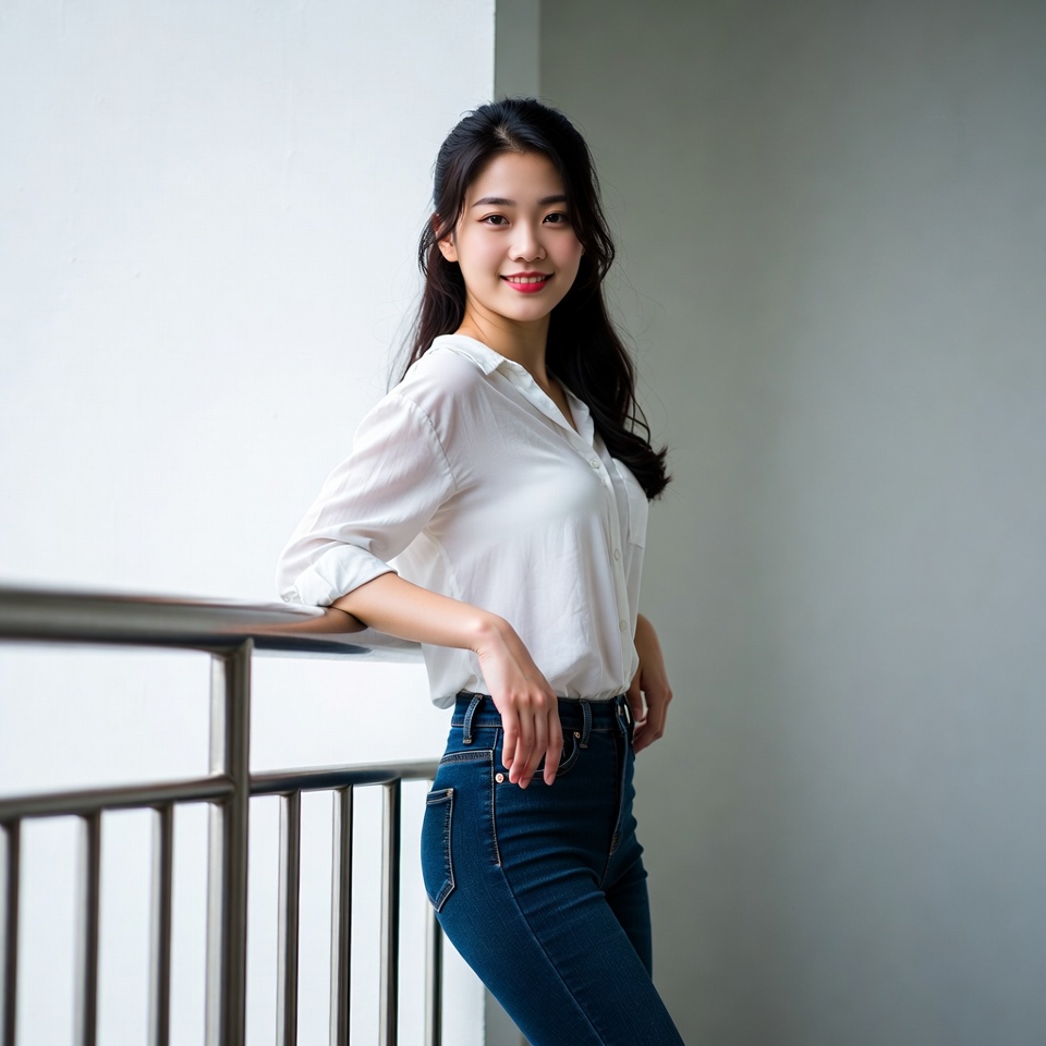 Asian woman leaning on balcony railing Asian woman leaning on balcony railing