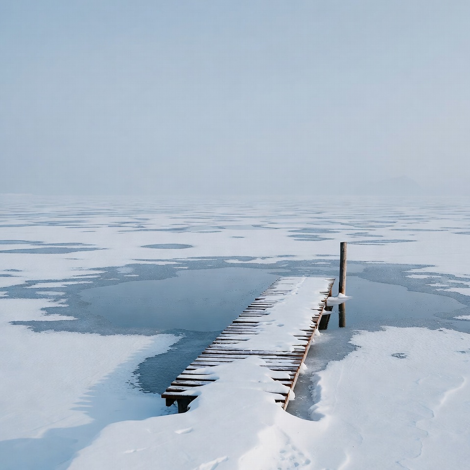 Snowy Wooden Pier Over Frozen Lake Snowy Wooden Pier Over Frozen Lake