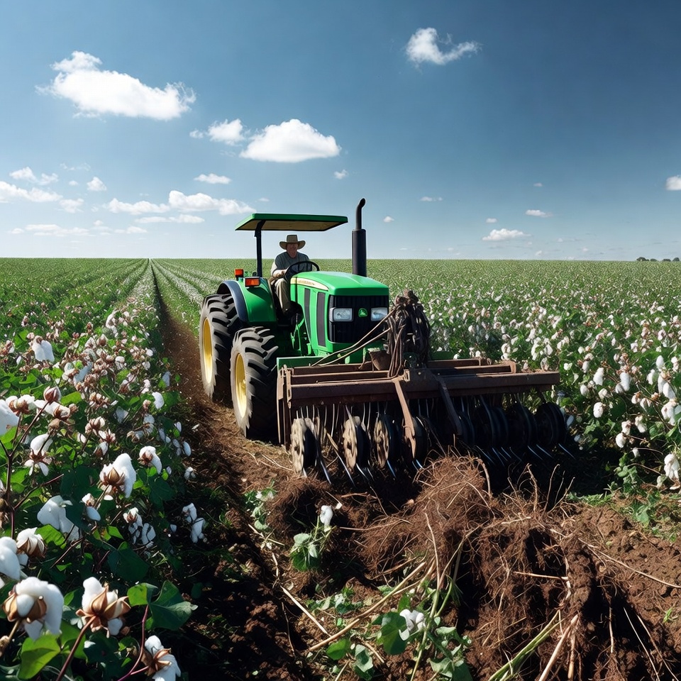 Farmer Driving Tractor in Cotton Field Farmer Driving Tractor in Cotton Field