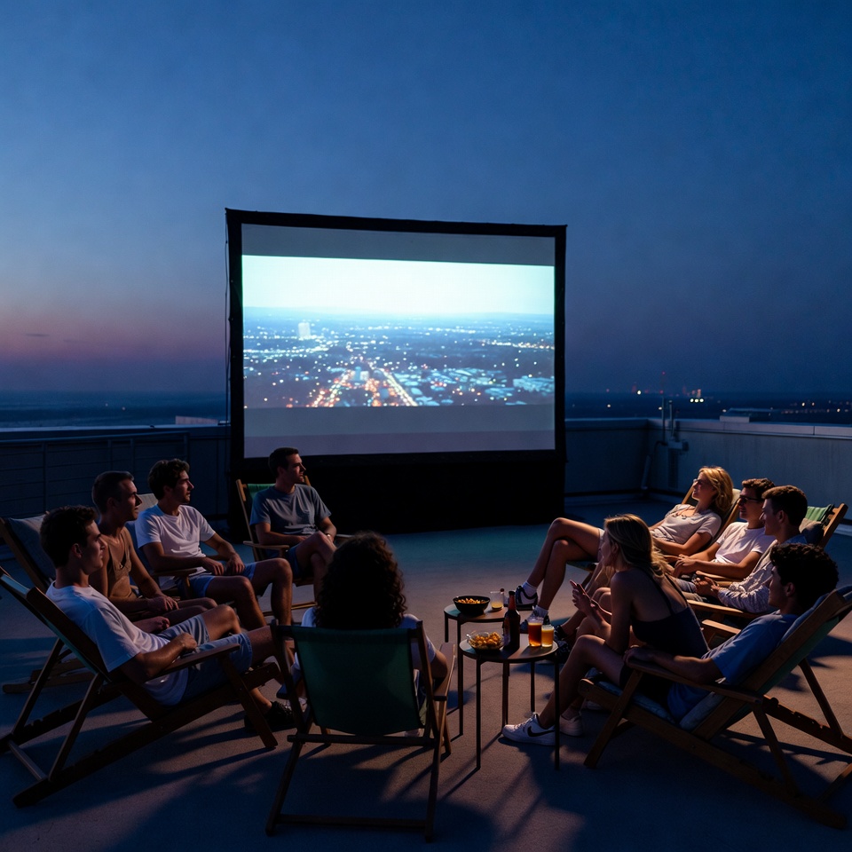 Group watching outdoor rooftop movie night Group watching outdoor rooftop movie night