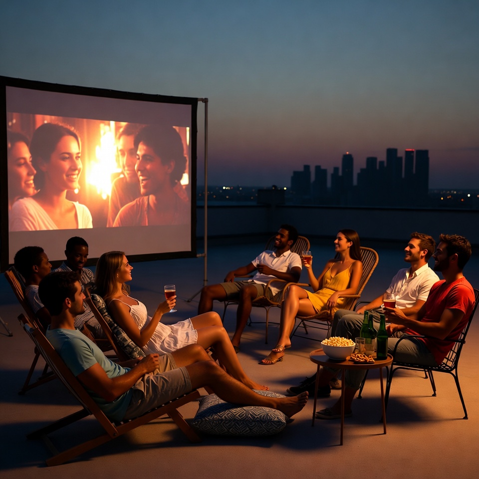 Diverse group watching movie on rooftop Diverse group watching movie on rooftop