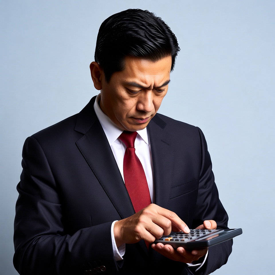 Asian man calculating with calculator Asian man calculating with calculator