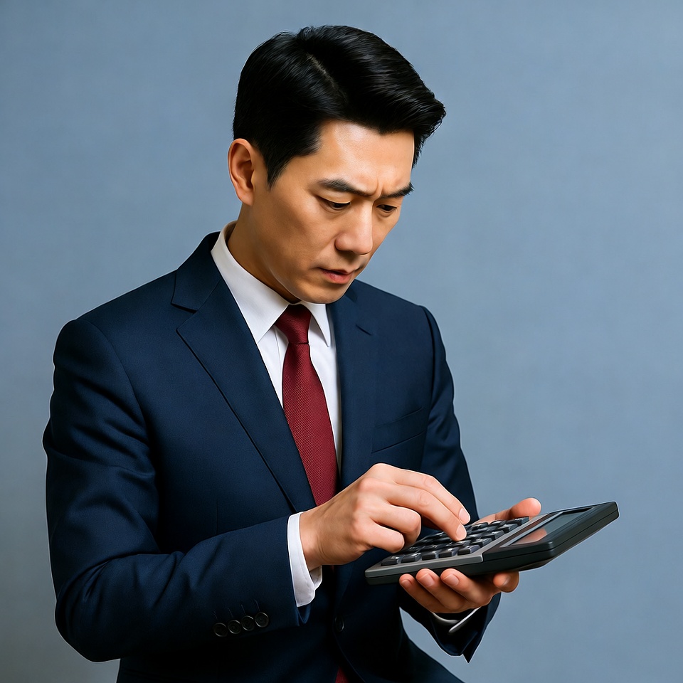 Asian man calculating with calculator Asian man calculating with calculator