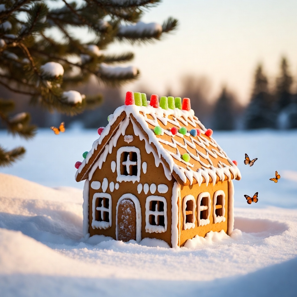 Gingerbread house in snowy landscape Gingerbread house in snowy landscape