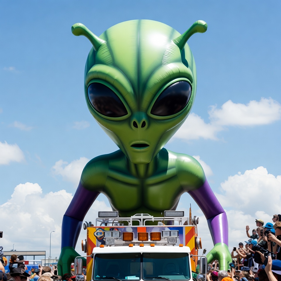 Giant Green Alien on Parade Fire Truck Giant Green Alien on Parade Fire Truck