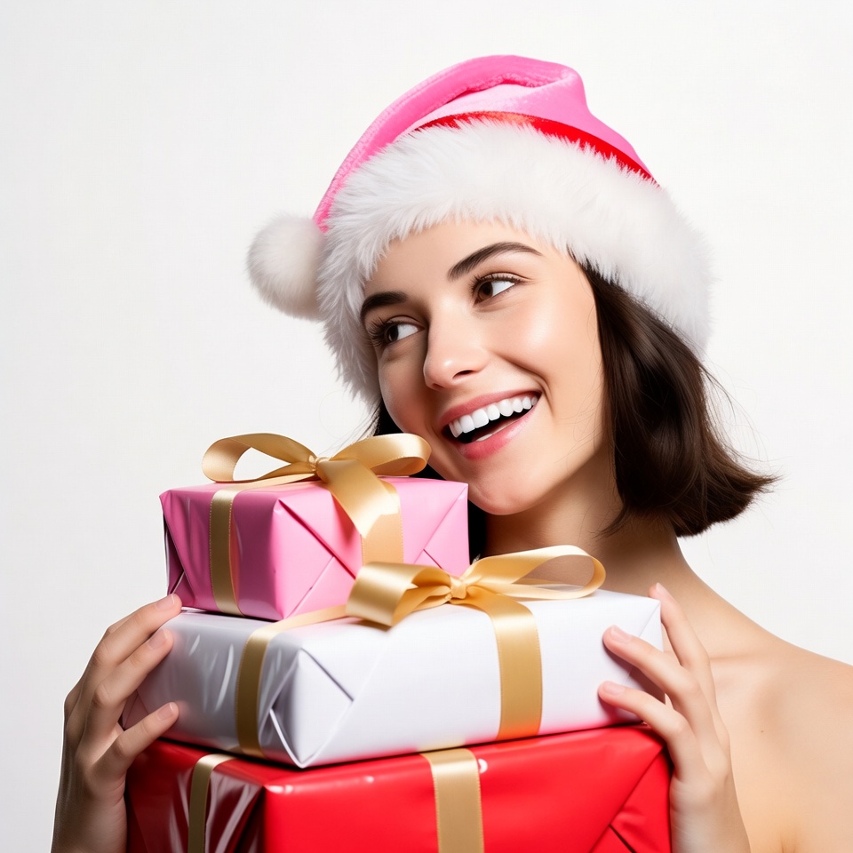 Smiling woman holding Christmas gifts Smiling woman holding Christmas gifts