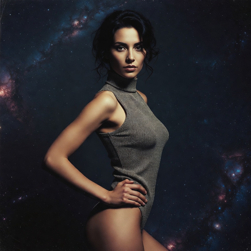 Woman in bodysuit against galaxy Woman in bodysuit against galaxy