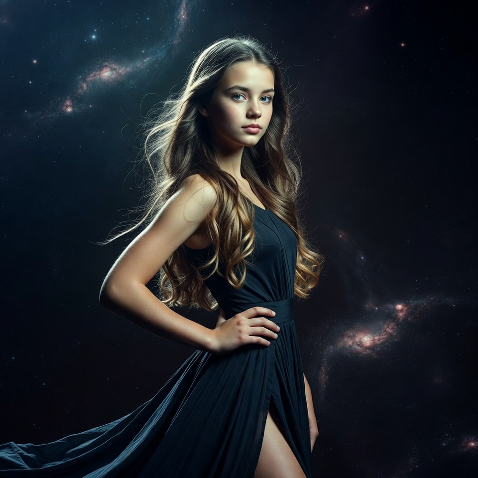 Teen girl in black dress with galaxy background Teen girl in black dress with galaxy background