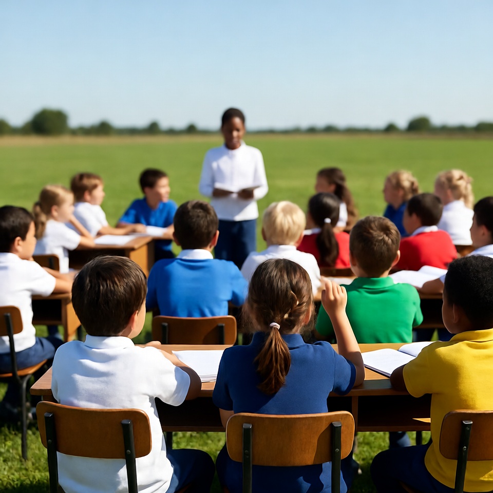 Teacher leading children in outdoor classroom Teacher leading children in outdoor classroom