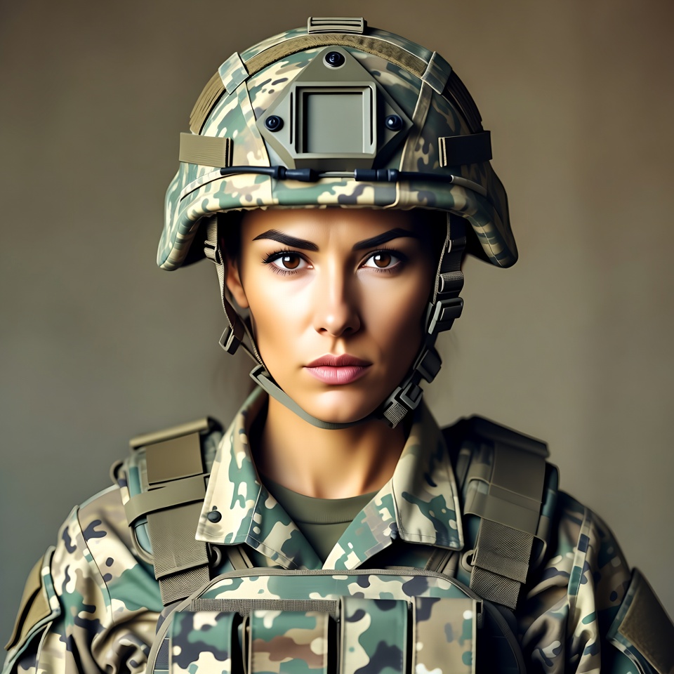 Woman in camouflage helmet and uniform Woman in camouflage helmet and uniform