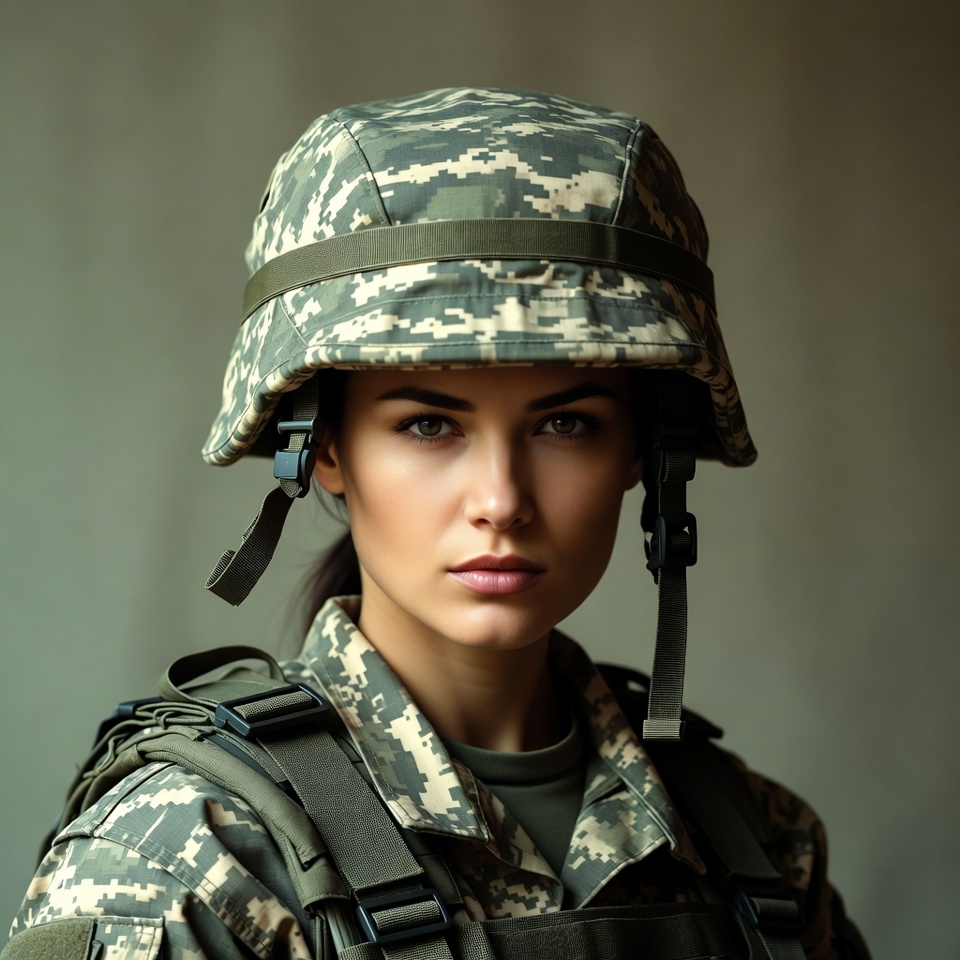 Woman in camouflage military helmet Woman in camouflage military helmet