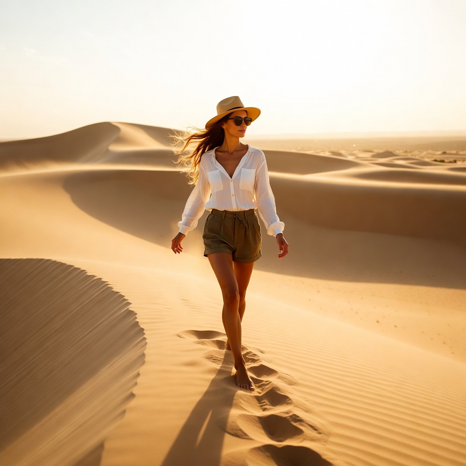 Woman walking barefoot in desert Woman walking barefoot in desert