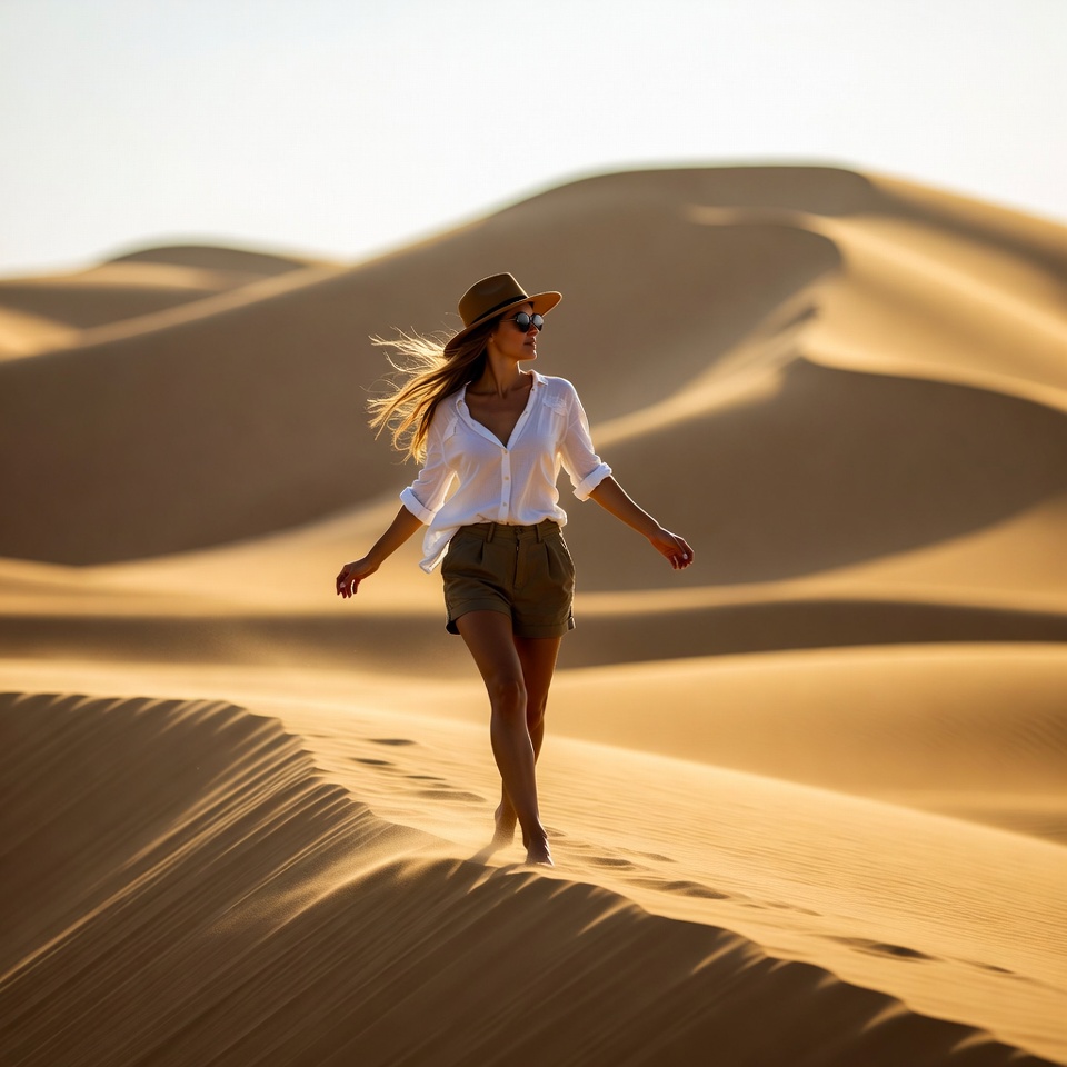 Woman walking barefoot in desert dunes Woman walking barefoot in desert dunes