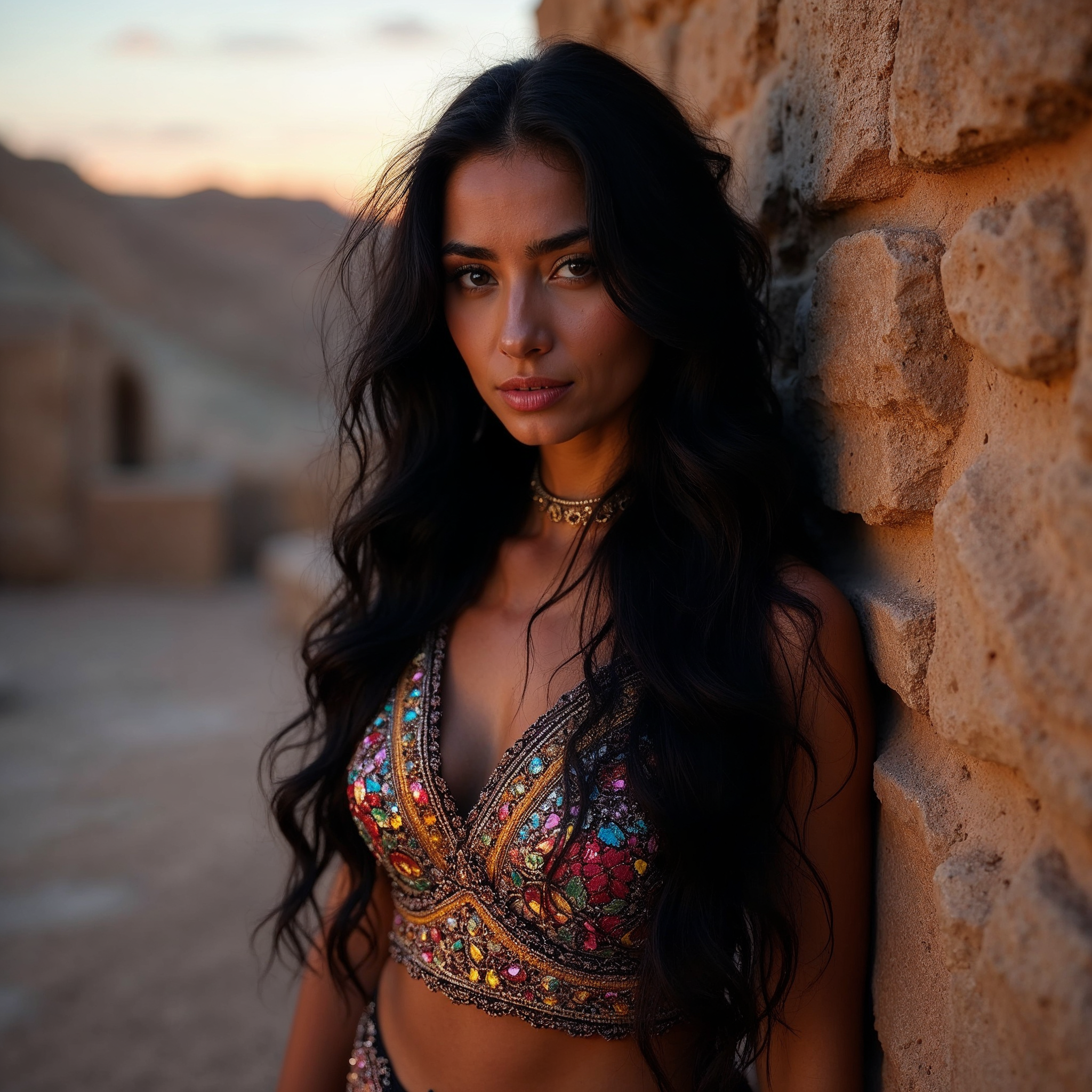 Woman in colorful top against desert wall Woman in colorful top against desert wall