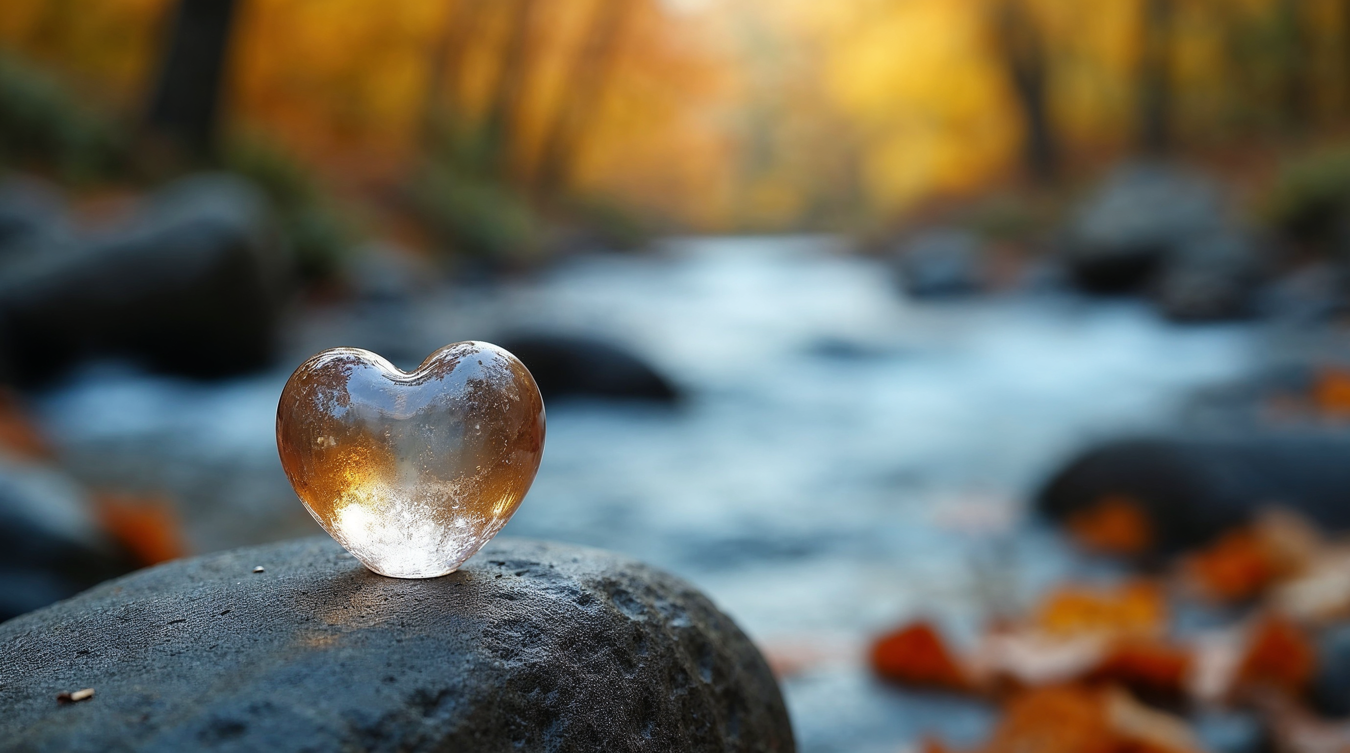 Crystal heart on rock by autumn stream Crystal heart on rock by autumn stream