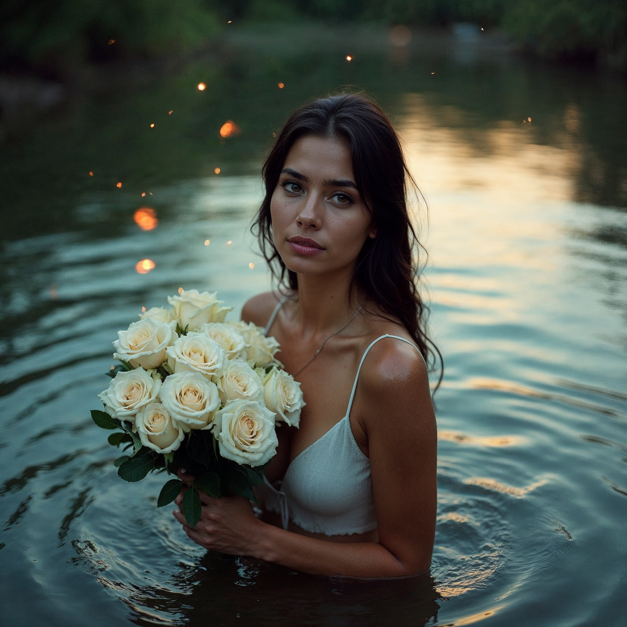 Woman holding white roses in water Woman holding white roses in water