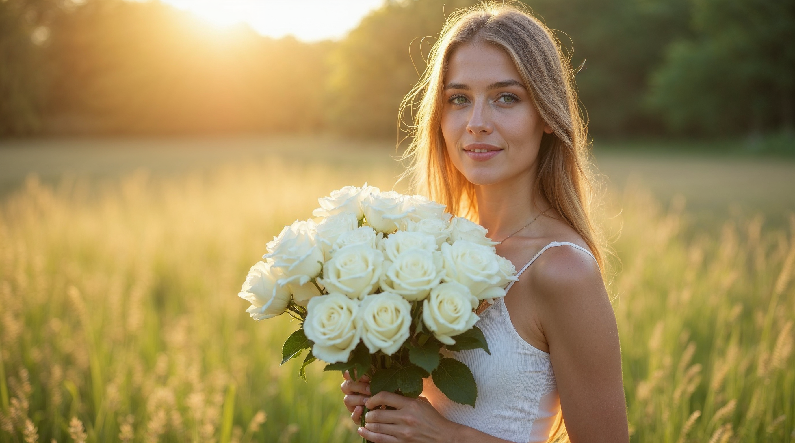 Woman holding white roses in field Woman holding white roses in field