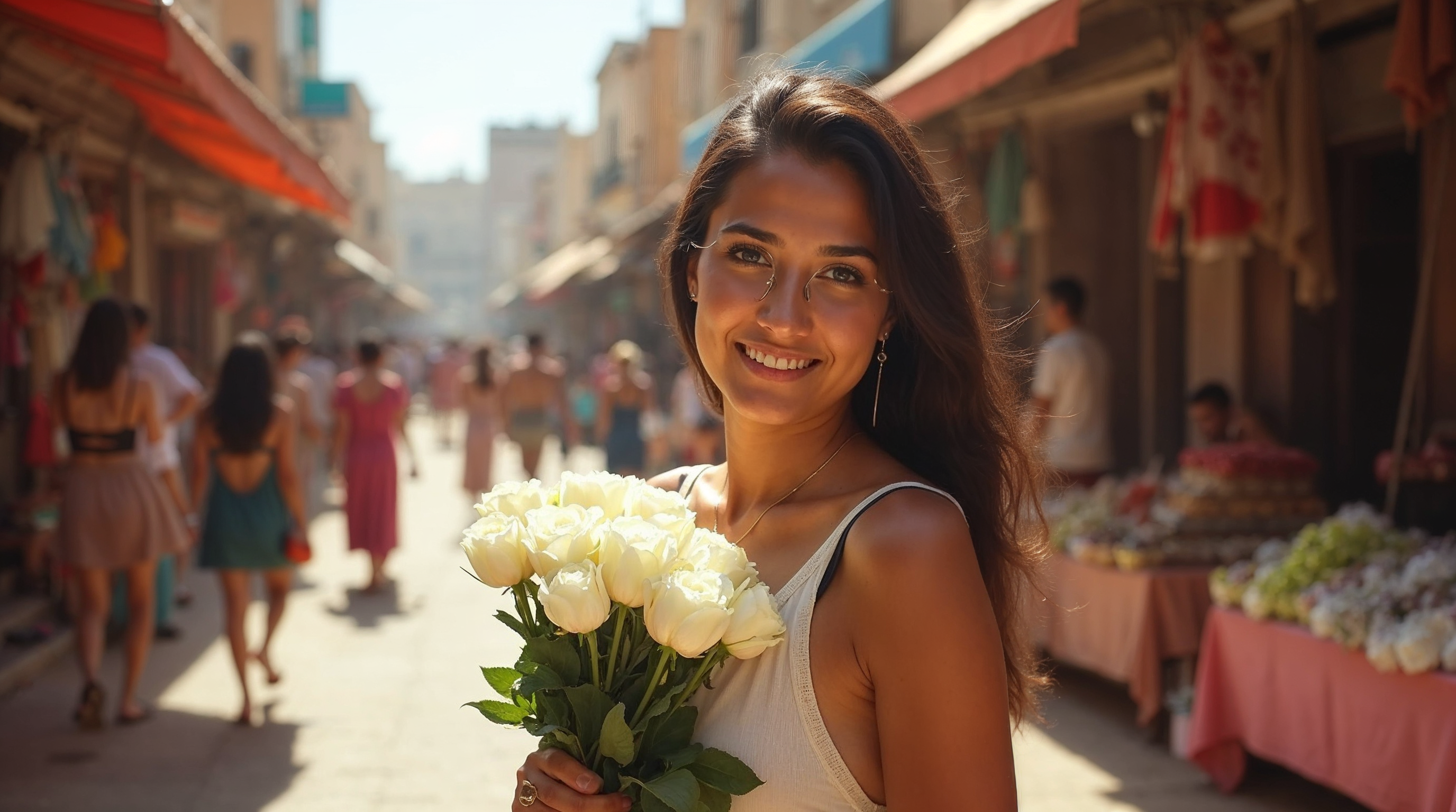 Smiling woman holding white roses in market Smiling woman holding white roses in market