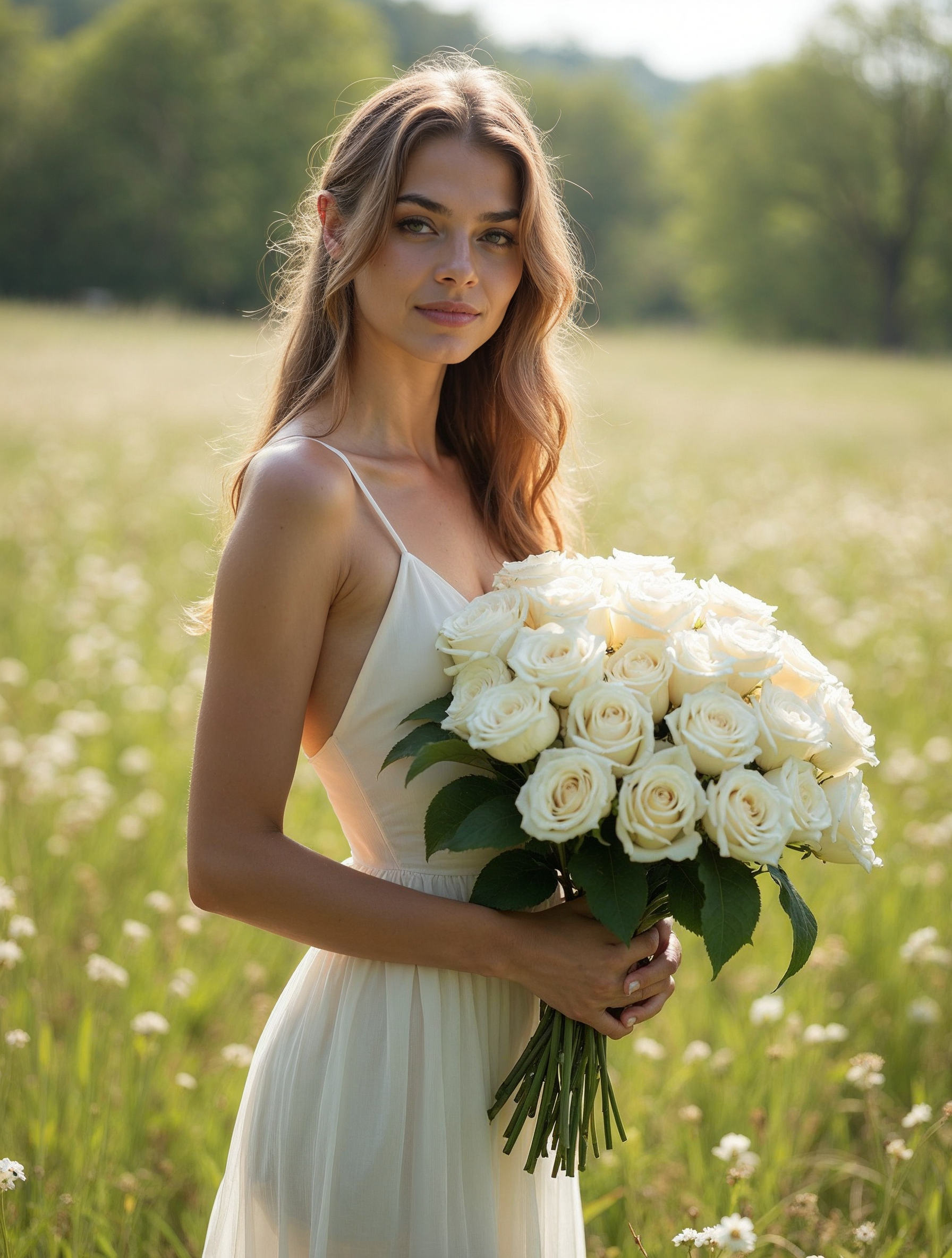 Woman holding white roses in field Woman holding white roses in field