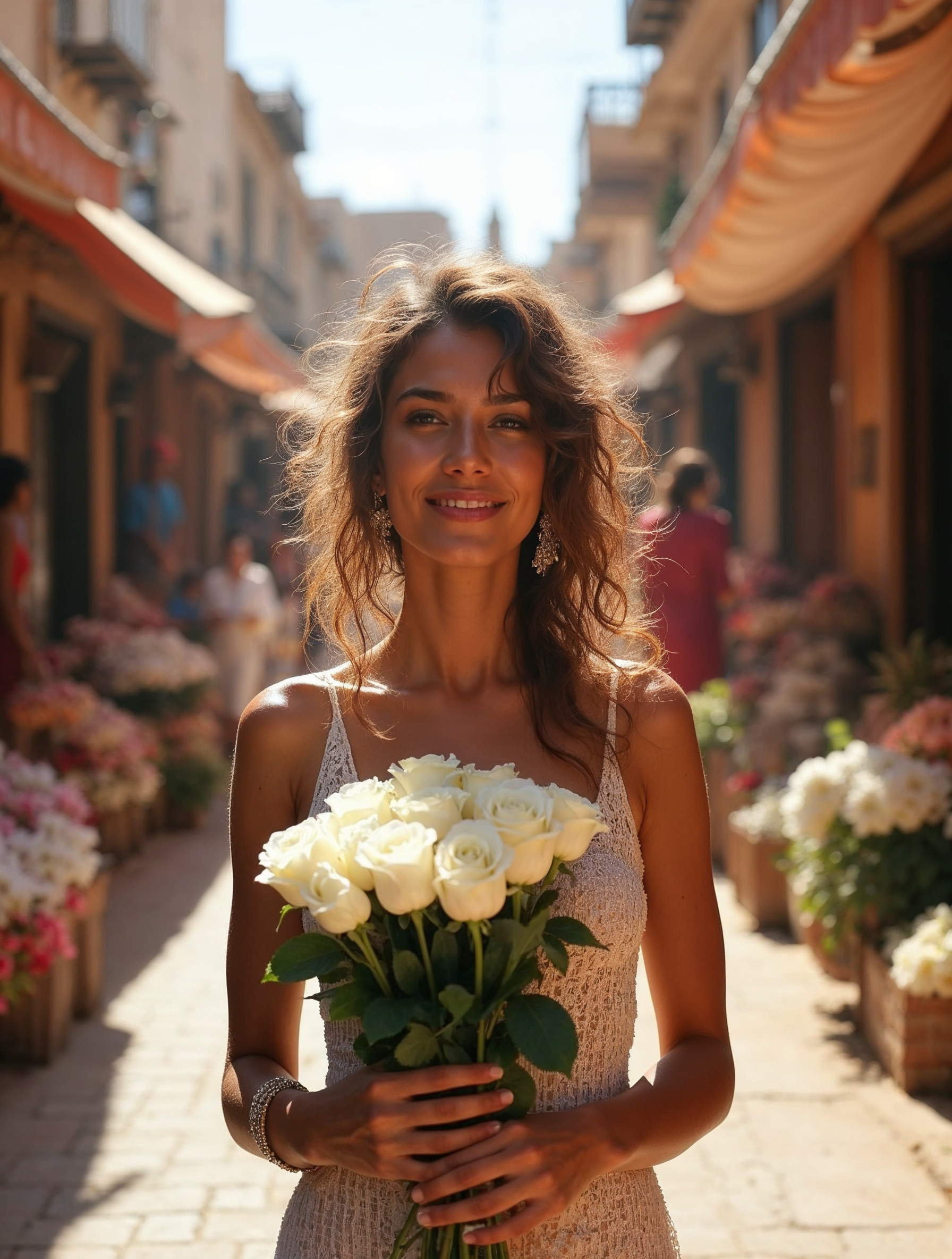 Woman holding white roses in market Woman holding white roses in market