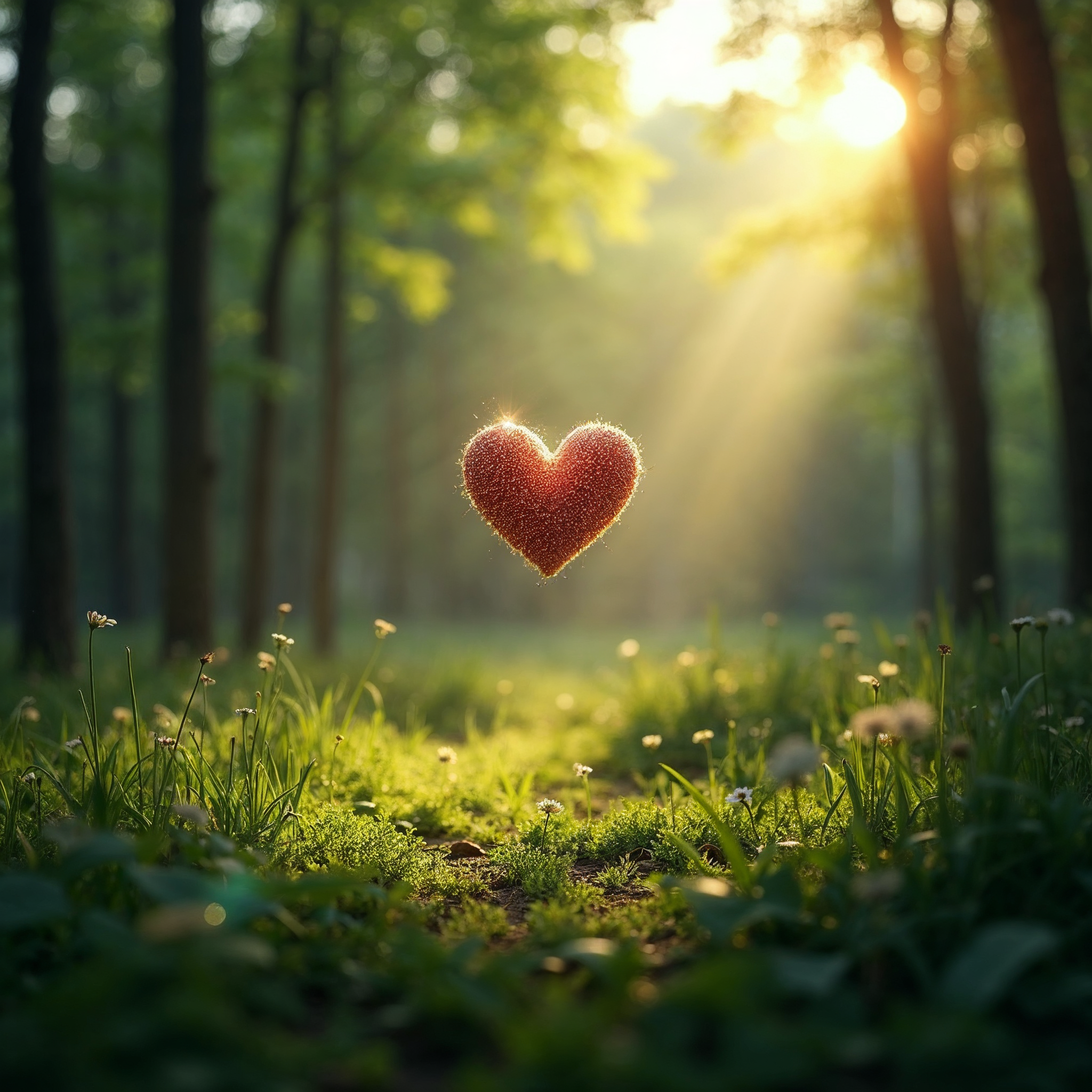 Floating Red Heart in Sunlit Forest Floating Red Heart in Sunlit Forest