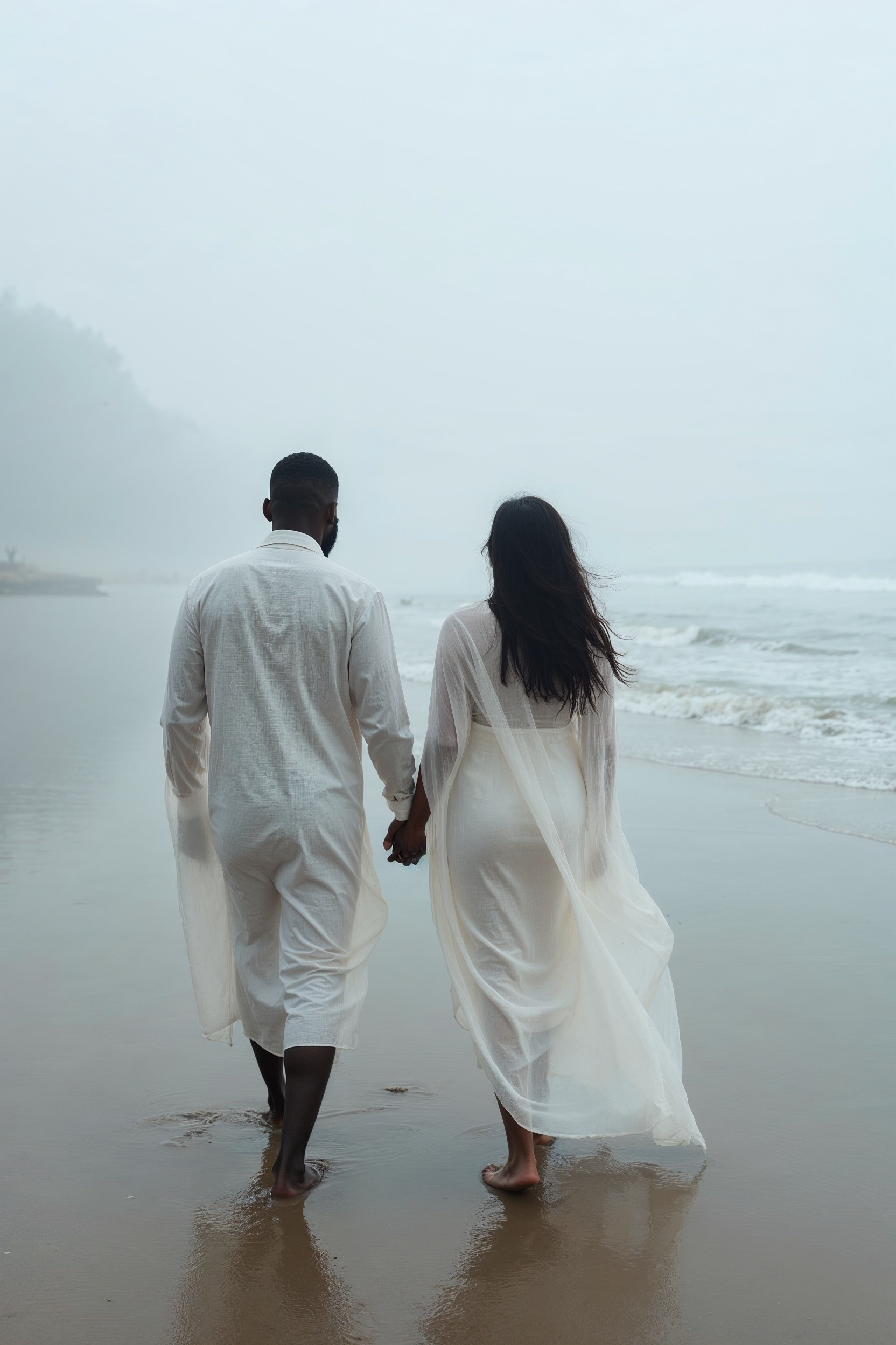 African-American couple walking beach hand-in-hand African-American couple walking beach hand-in-hand