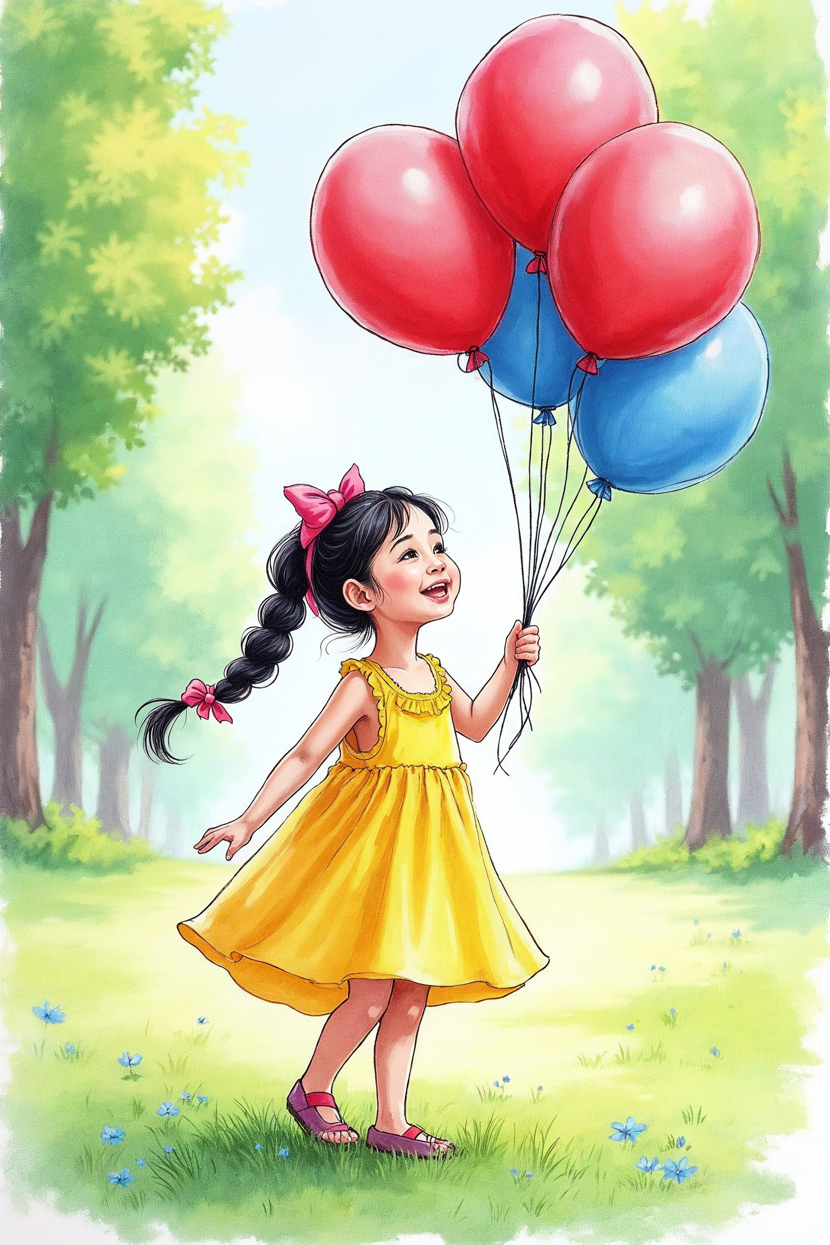 Asian girl holding red blue balloons Asian girl holding red blue balloons