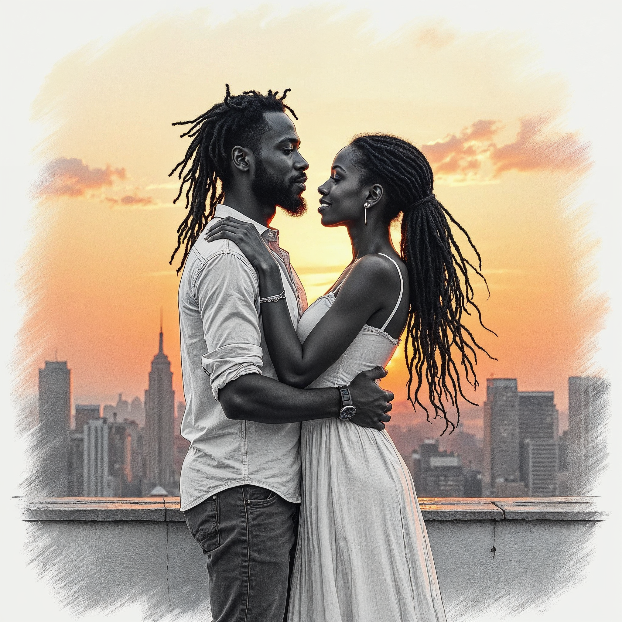 African-American couple embracing at sunset African-American couple embracing at sunset