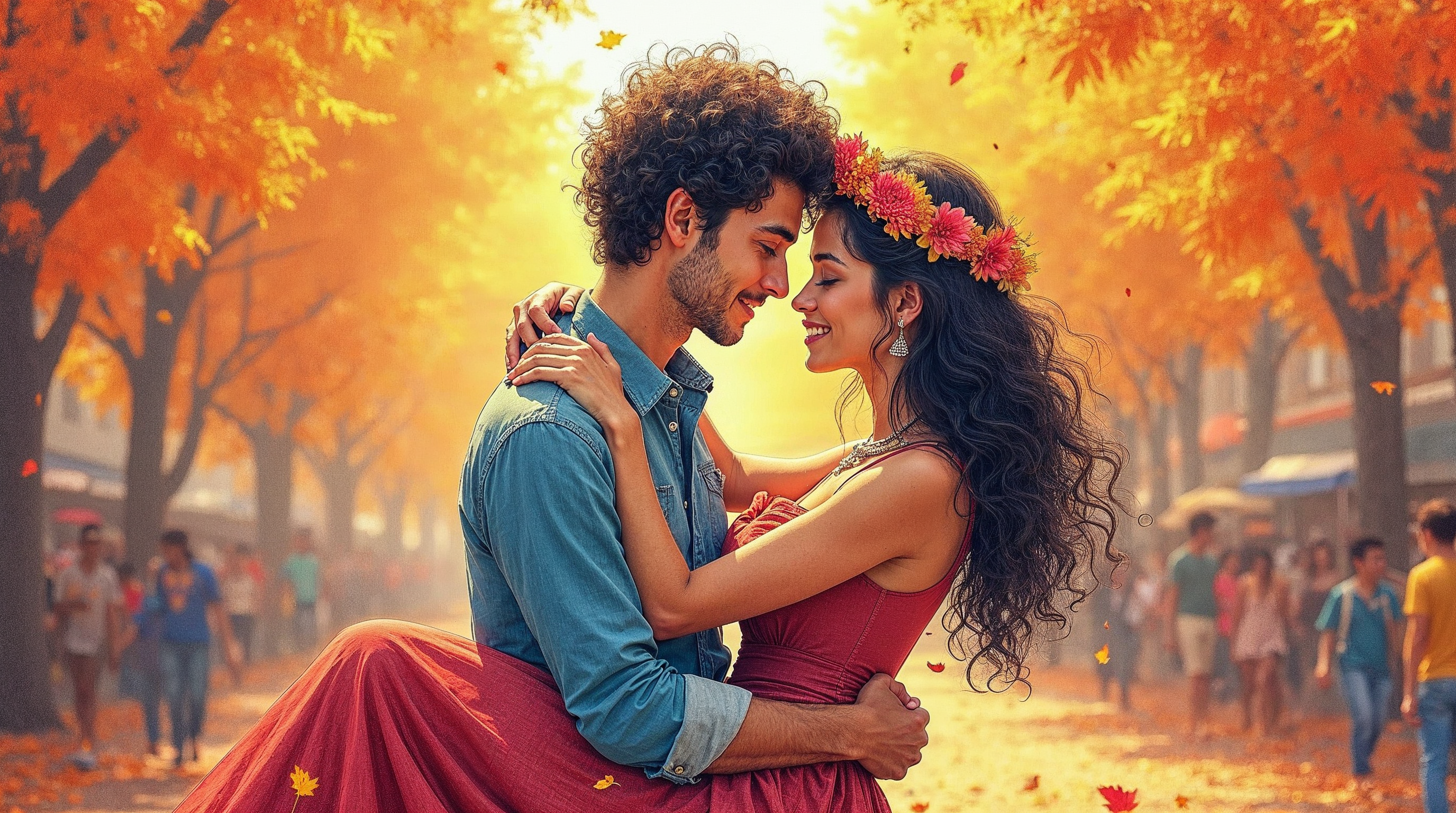 Romantic couple embracing in autumn street Romantic couple embracing in autumn street