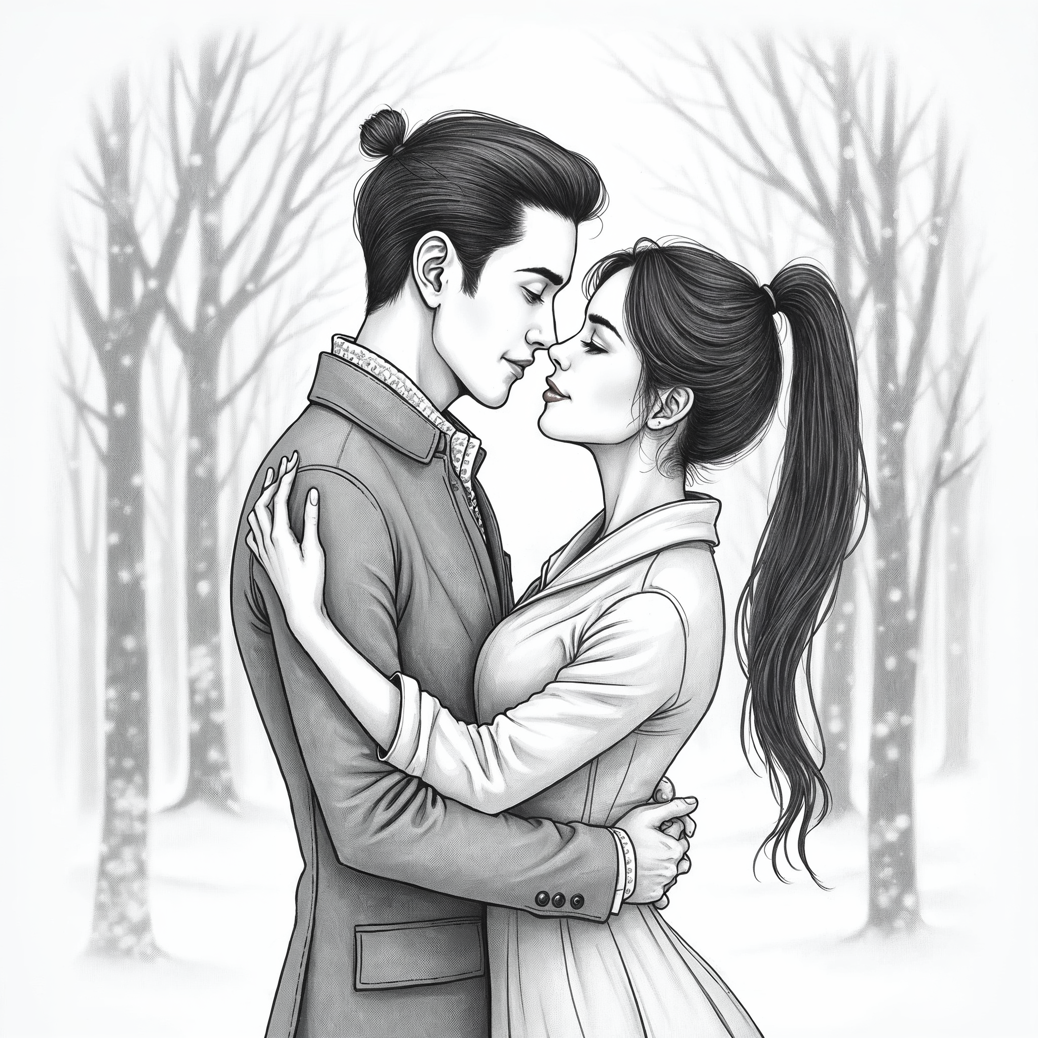 Couple Eskimo Kissing in Snowy Forest Couple Eskimo Kissing in Snowy Forest
