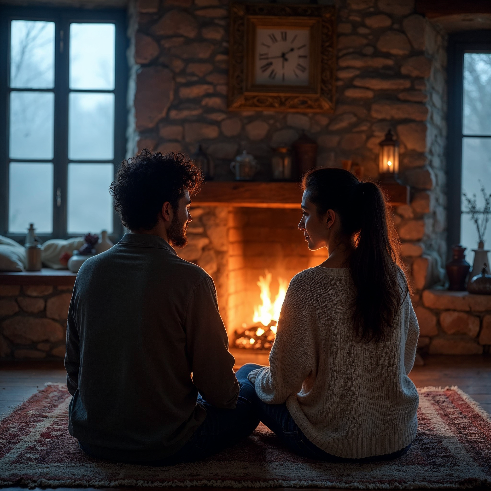 Couple sitting by cozy fireplace Couple sitting by cozy fireplace
