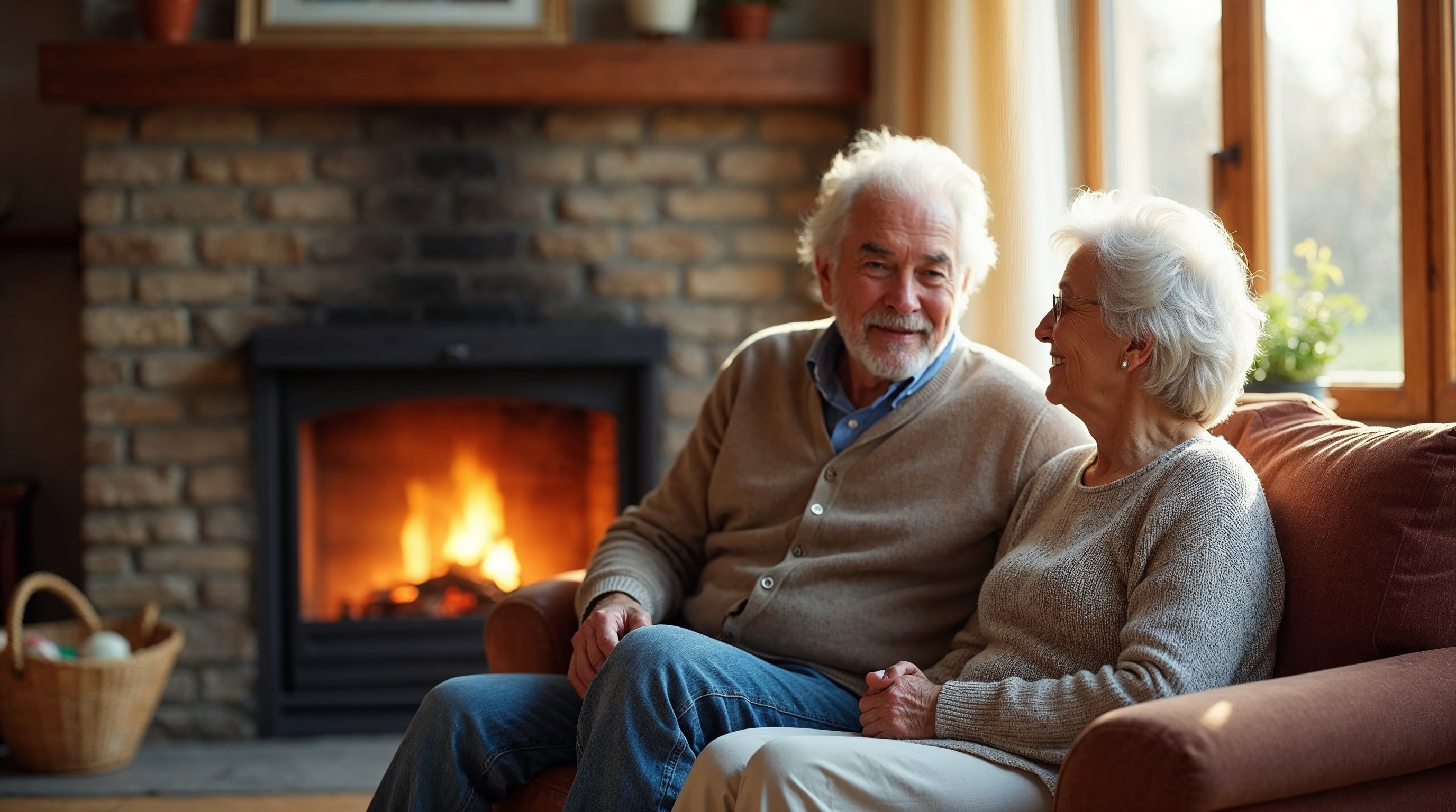 Elderly couple sitting by fireplace Elderly couple sitting by fireplace