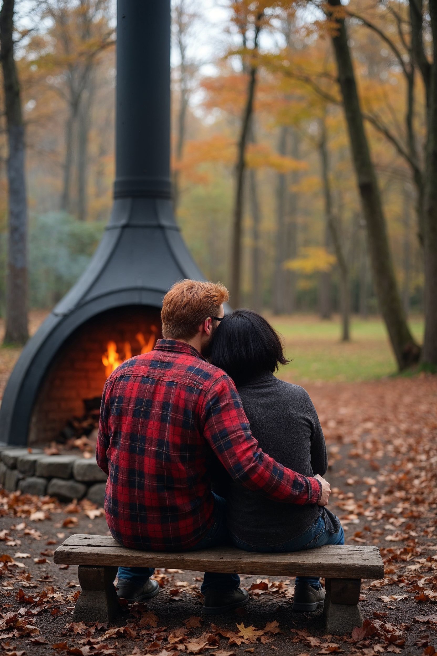 Redhead man embracing woman by outdoor fire pit Redhead man embracing woman by outdoor fire pit