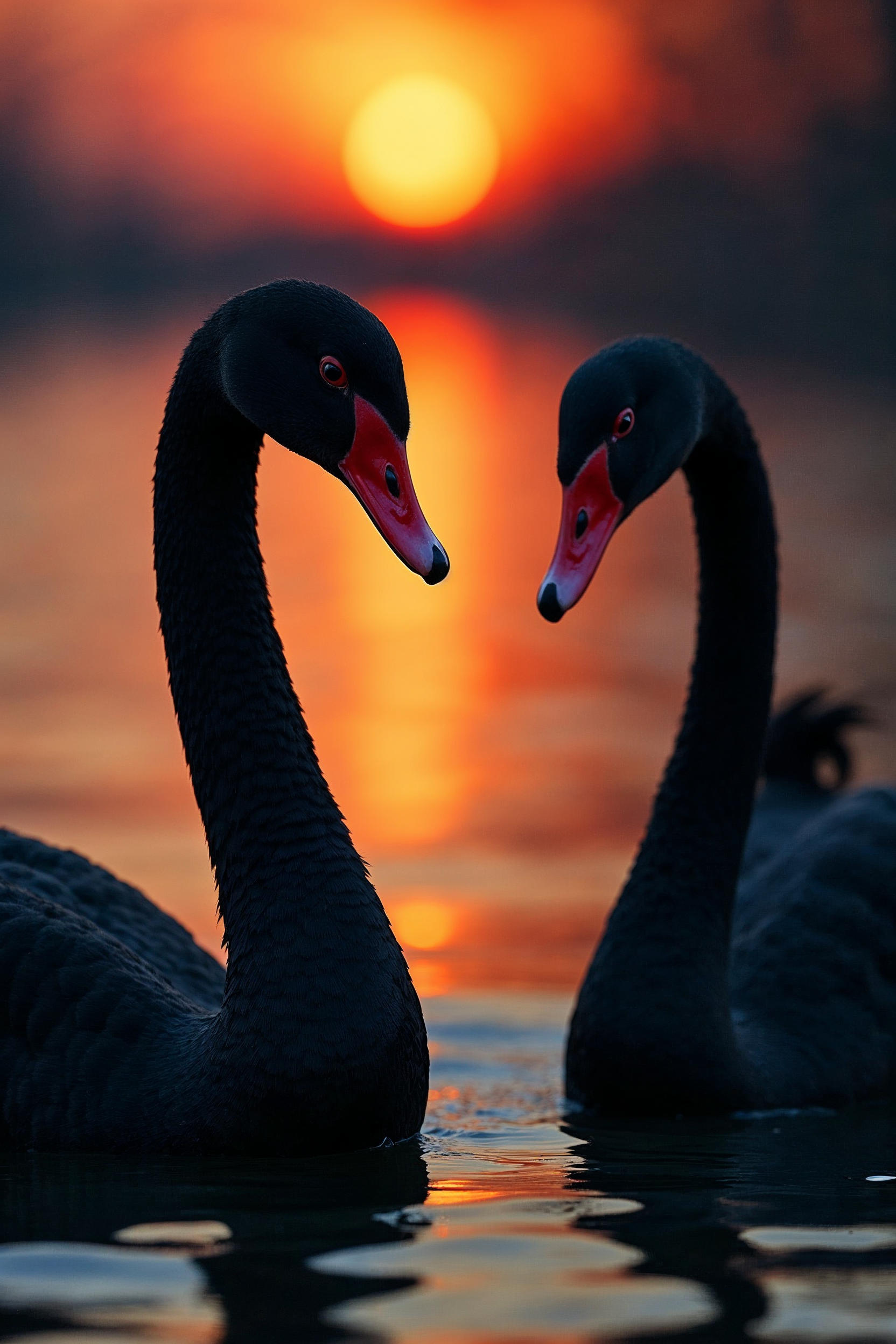 Two Black Swans Forming Heart Sunset Two Black Swans Forming Heart Sunset