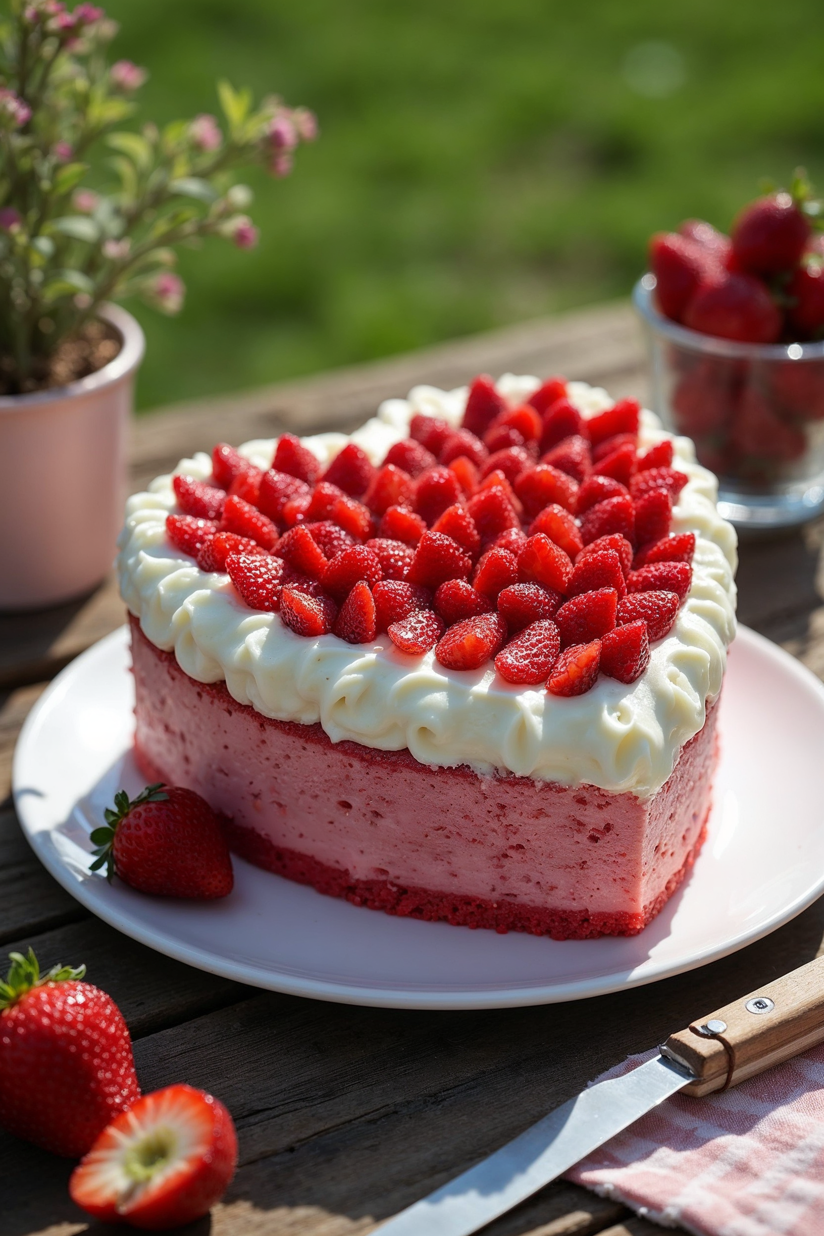 Strawberry Heart Cake on Wooden Table Strawberry Heart Cake on Wooden Table