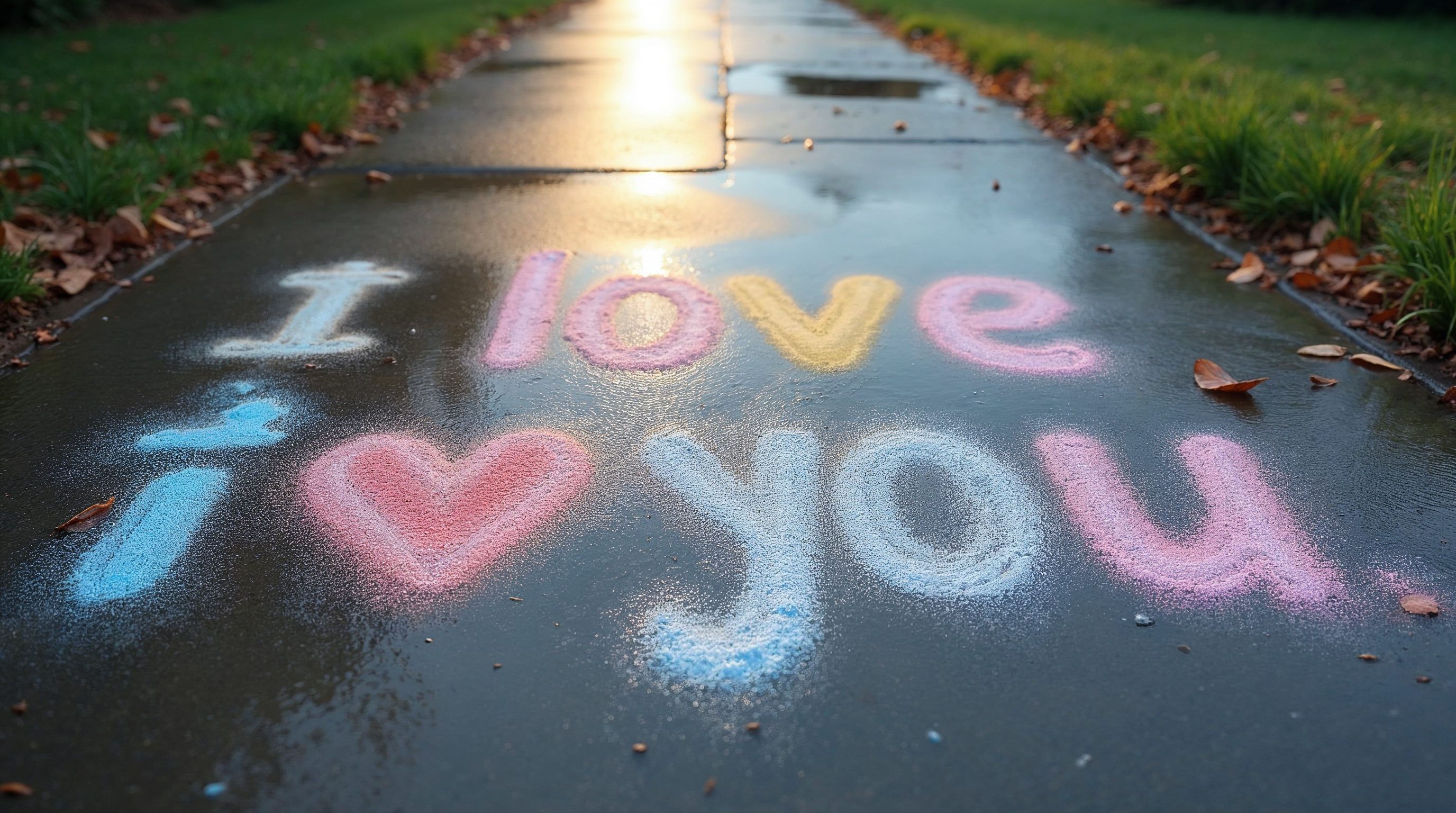 I Love You chalk writing on wet path I Love You chalk writing on wet path