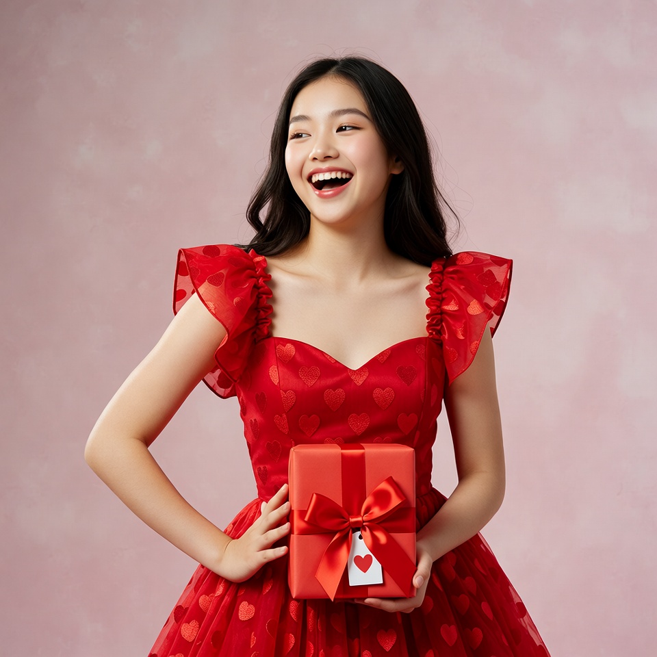 Asian girl holding red gift box Asian girl holding red gift box