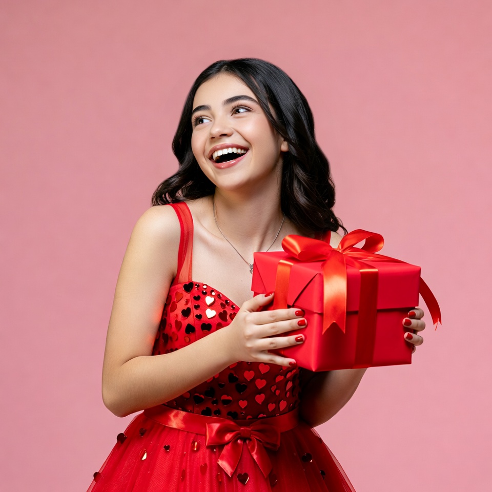 Young woman holding red gift box Young woman holding red gift box