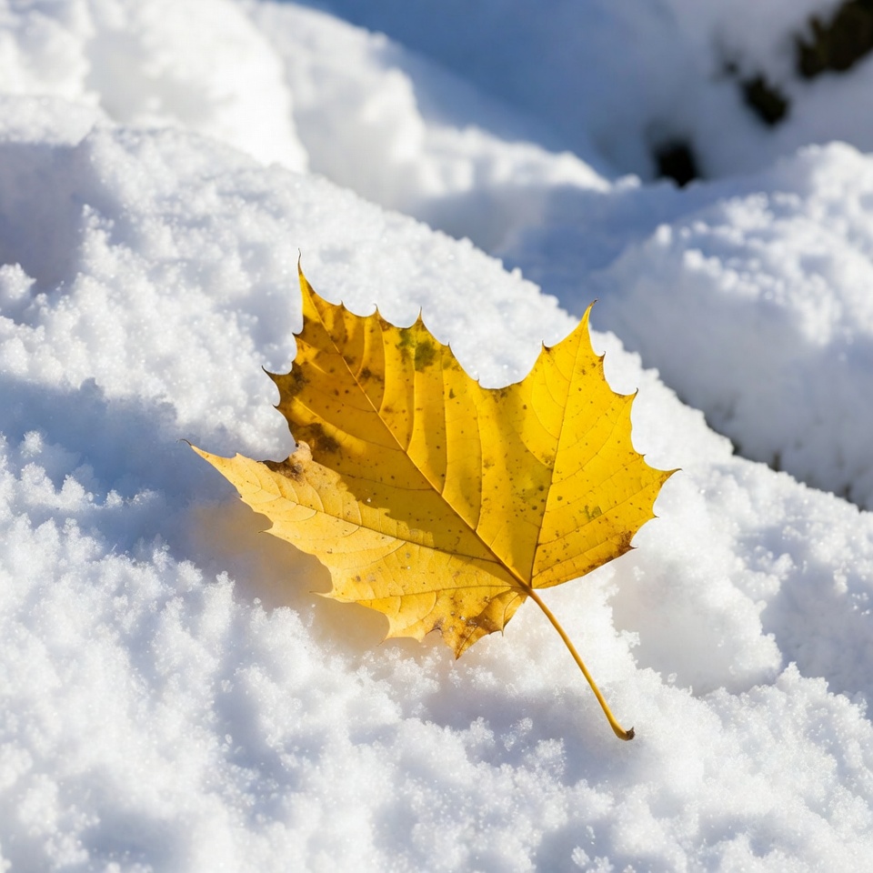Yellow Maple Leaf on Snow Yellow Maple Leaf on Snow