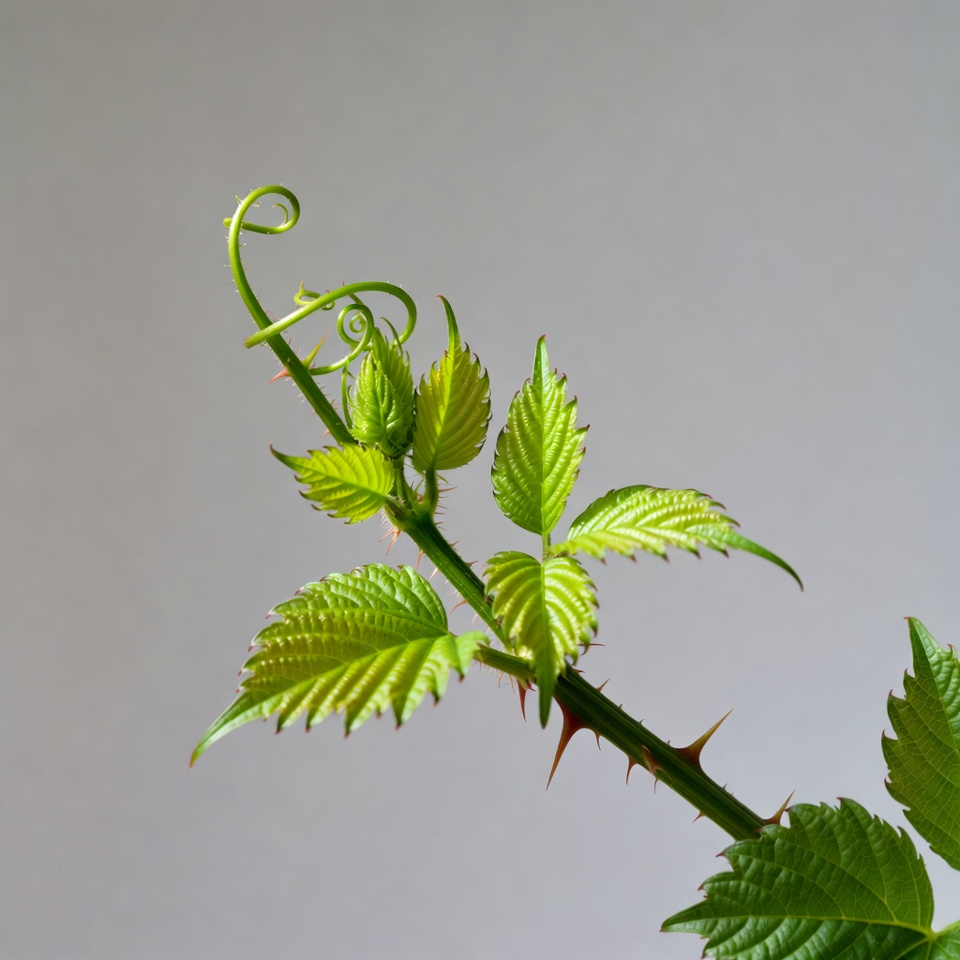 Young raspberry shoot with tendril Young raspberry shoot with tendril