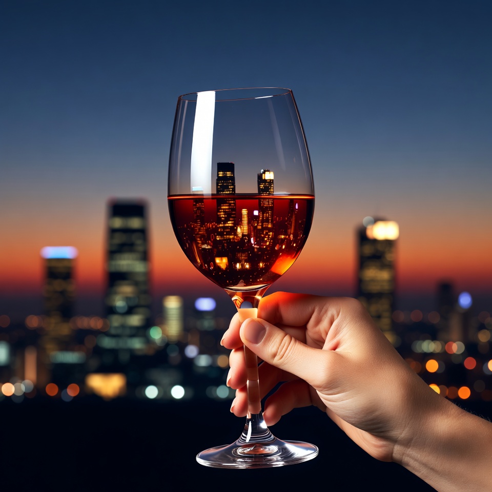 Hand Holding Wine Glass with City Skyline Reflection Hand Holding Wine Glass with City Skyline Reflection