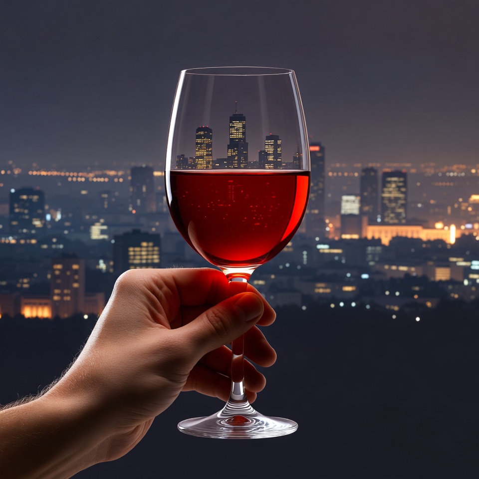 Hand holding red wine glass with city skyline Hand holding red wine glass with city skyline